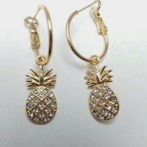 Vintage Rhinestone Encrusted Pineapple Charm Dangle Hoop Earrings, Retro Estate